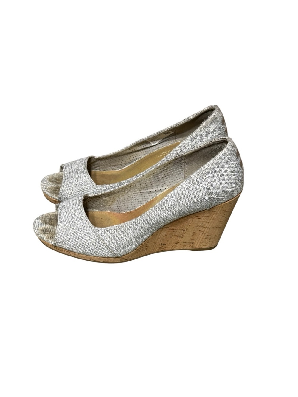TOMS Women's Shoes Gray Fabric Stella Peep-Toe Wedges Size 9.5